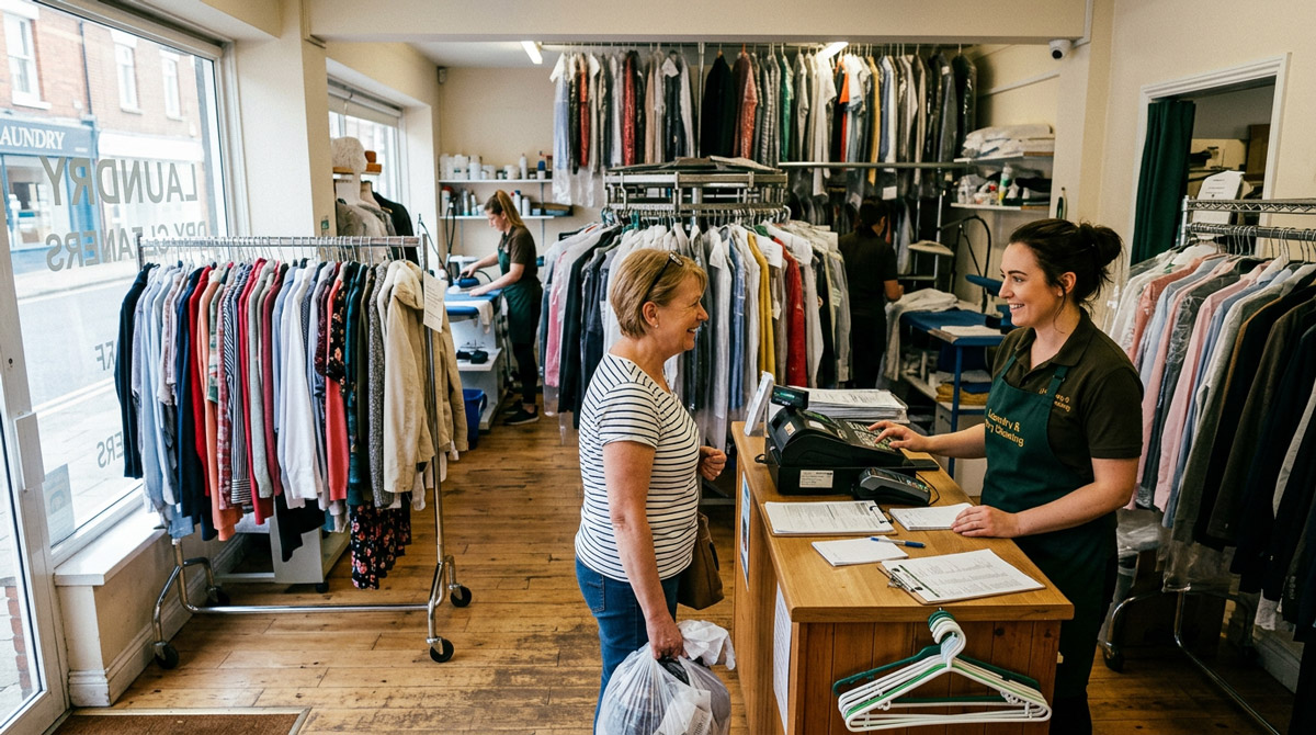 Busy, growing UK laundry business with multiple racks of clothes, indicating the need for advanced software